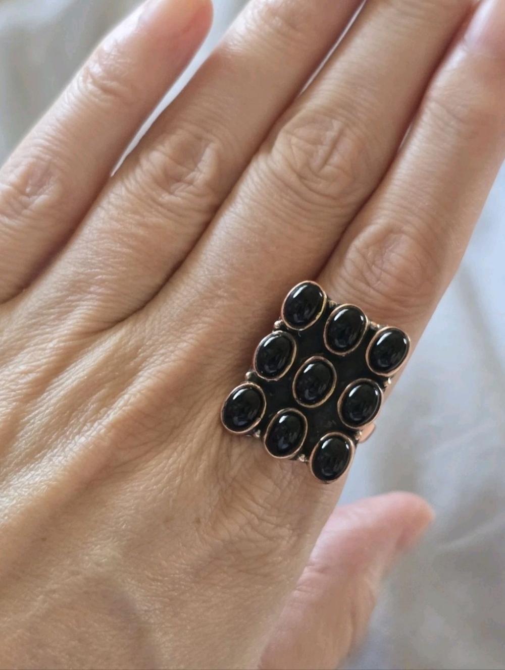 Copper Ring with Black Onyx Square Grid Design Southwestern - Picture 3 of 3